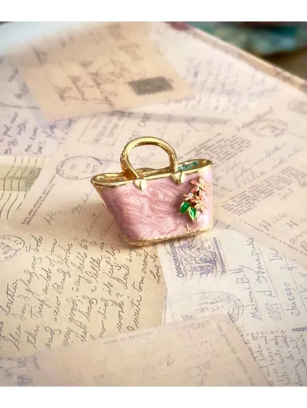 Signed Vintage Enamel Handbag Brooch | Blush Pink & Gilt Floral Accent